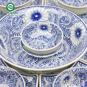 Bộ bát đĩa hoa mặt trời Hoa Cúc dây men lam cánh lượn 1 bo bat dia hoa mat troi hoa cuc day canh luon 2 KDA2 03.1
