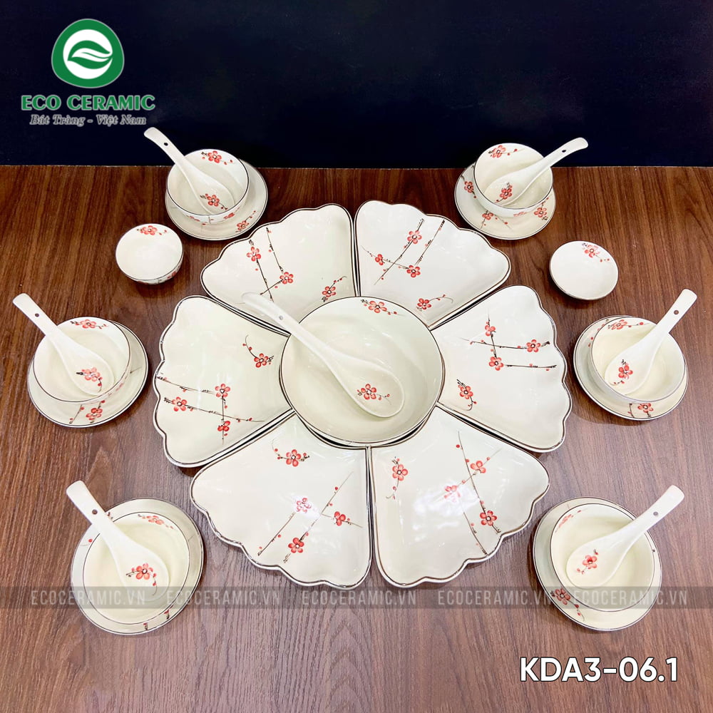 Bộ bát đĩa hoa mặt trời Hoa Đào Đỏ cánh lượn 2 Bộ bát đĩa hoa mặt trời Hoa Đào Đỏ cánh lượn