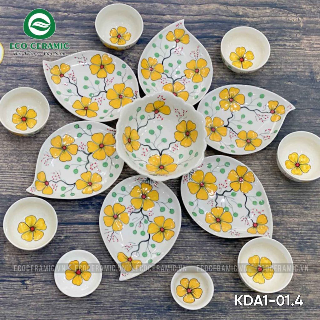 Bộ bát đĩa hoa mặt trời Hoa Mai Vàng 6 cánh lá xoài 8 Bộ bát đĩa hoa mặt trời Hoa Mai Vàng 6 cánh lá xoài