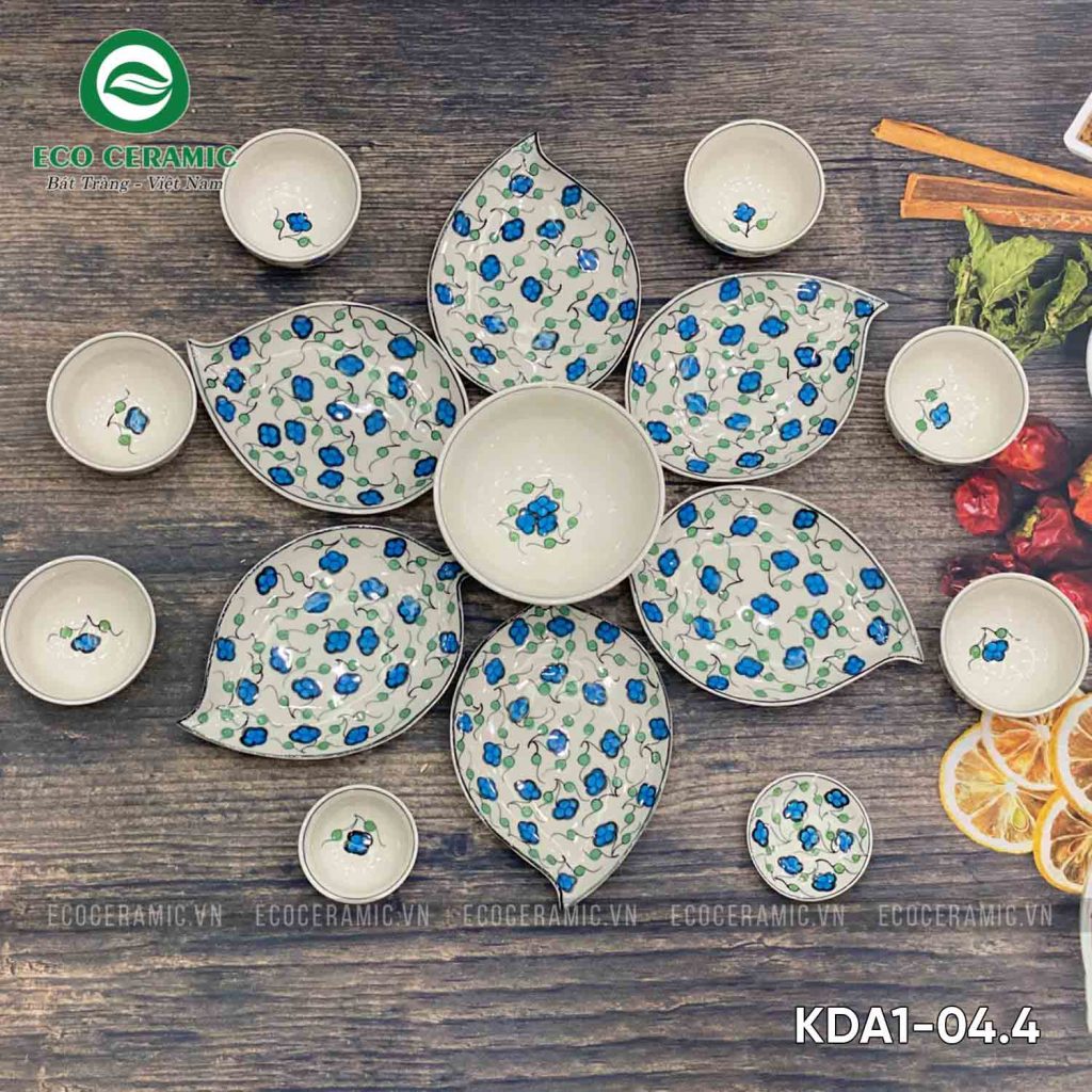 Bộ bát đĩa hoa mặt trời Hoa Nhí Xanh 6 cánh lá xoài 7 Bộ bát đĩa hoa mặt trời Hoa Nhí Xanh 6 cánh lá xoài