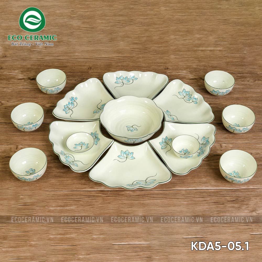 Bộ bát đĩa hoa mặt trời Hoa Sen Xanh cánh lượn 3 Bộ bát đĩa hoa mặt trời Hoa Sen Xanh cánh lượn