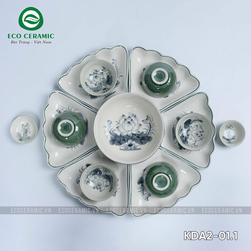 Bộ bát đĩa hoa mặt trời men xanh đồng Hoa Sen cánh lượn