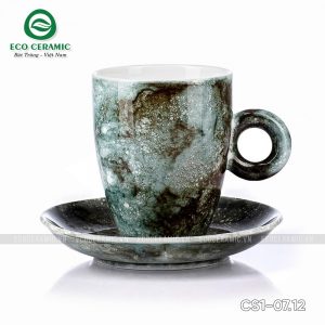 Bộ ly sứ uống cafe Latte quai tròn 330ml vân đá 9 bo ly su uong cafe latte quai tron 330ml van da den