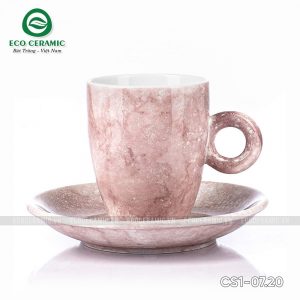 Bộ ly sứ uống cafe Latte quai tròn 330ml vân đá 7 bo ly su uong cafe latte quai tron 330ml van da hong