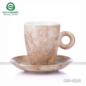 Bộ ly sứ uống cafe Latte quai tròn 330ml vân đá 5 bo ly su uong cafe latte quai tron 330ml van da nau