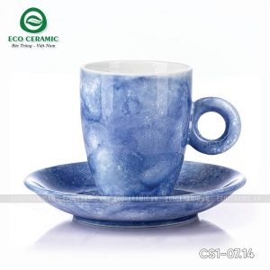 Bộ ly sứ uống cafe Latte quai tròn 330ml vân đá 3 bo ly su uong cafe latte quai tron 330ml van da xanh cobal