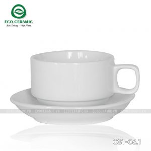 Kích thước bộ ly sứ uống cafe quai vuông 150ml trắng